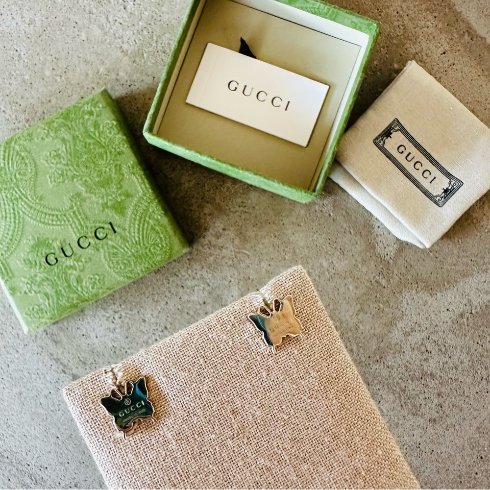 New Gucci .925 Sterling Silver Logo Butterfly Stud Post Earrings